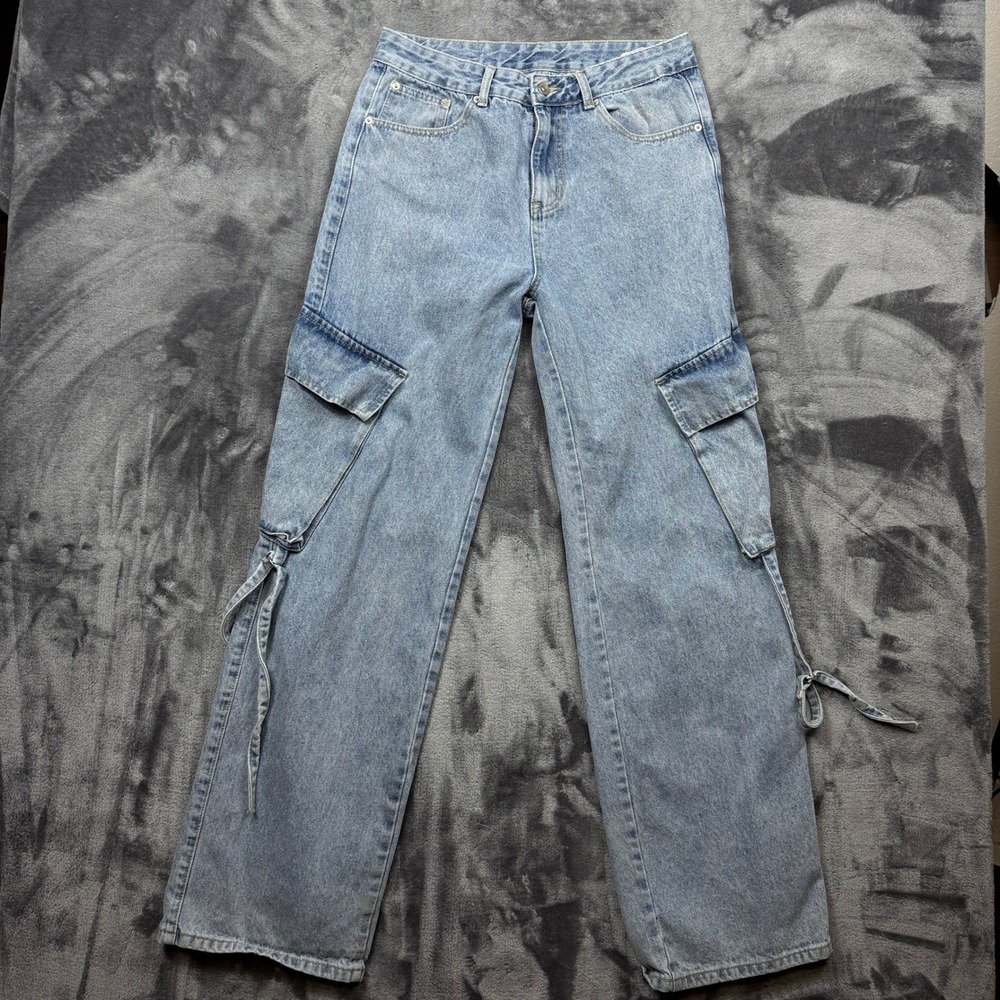 Sumwon Cargo Jeans Women S Blue Wide Leg Utility Strap Pockets JIT15130993